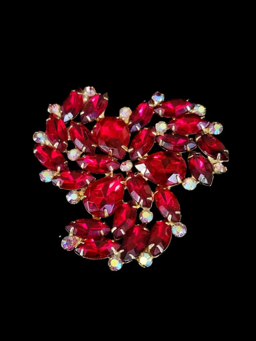 VTG Mid-Century Ruby Red & AB Rhinestone Statement Brooch Pin 2.75
